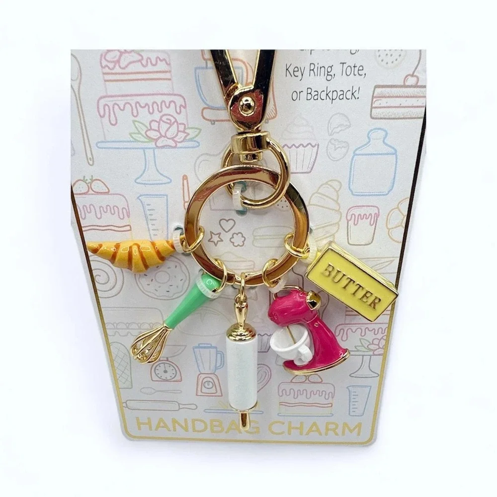 True to Form Baking Theme Handbag Charm Keychain Croissant Butter Rolling Whisk